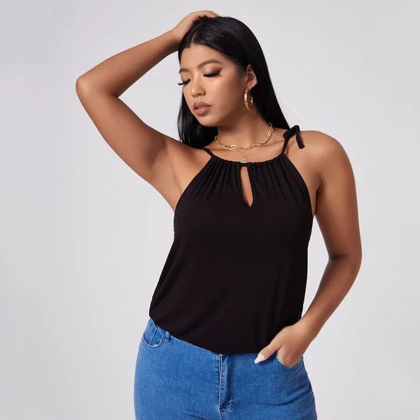 Plus size sexy hater pescoço verão casual topo feminino gravata detalhe buraco da fechadura frente trabalho escritório tanque feminino tamanho grande praia cami 6xl 7xl 240130