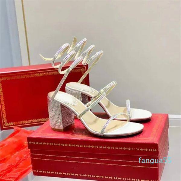 Designer strass decorativi con tacco alto da donna sandali di lusso spessi scarpe da sera nere scarpe eleganti circondate da ragazza con tacco alto