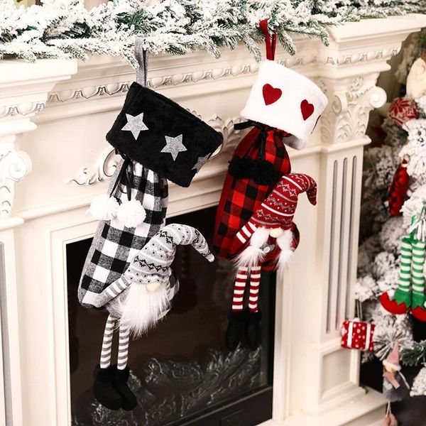 Decorações de natal meia grande vermelho preto meias de malha natal papai noel lareira decoração doces presente sacos titular casa inverno