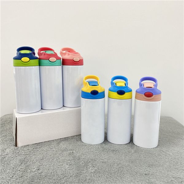 Sublimazione in bianco 12 once per bambini Bottiglia d'acqua isolata sotto vuoto in acciaio inossidabile per bambini Thermos senza PBA dritto Bicchiere d'acqua da viaggio con coperchio ribaltabile per fai da te