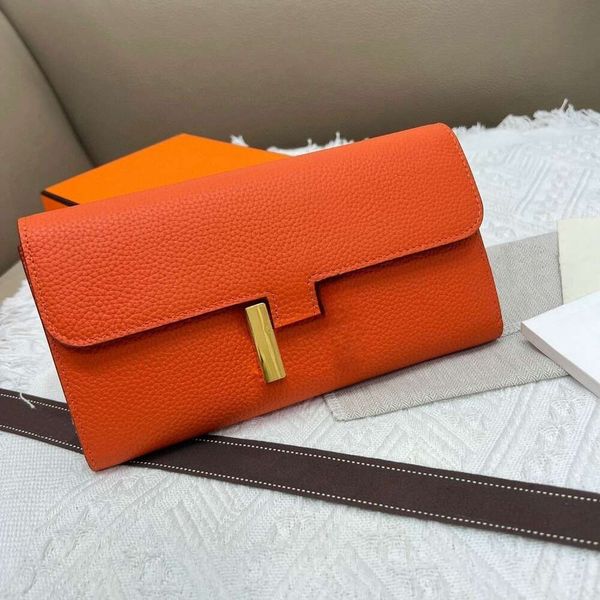 Bolsa de designer de luxo fivela de metal carteira Kangkang com padrão de lichia camada superior de couro bolsa feminina couro genuíno longo clipe de dinheiro duas dobras grande saco de cartão