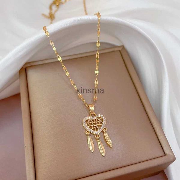 Chokers 316L Aço Inoxidável Banhado A Ouro Romântico Cristal Coração Dream Catcher Pingente Colar Para Mulheres Meninas Temperamento Partido Presentes YQ240201