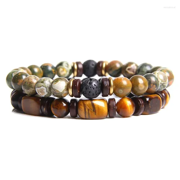 Strang 2 stücke Frauen Männer Natürliche Nugget Heilung Mineral Perlen Armband Unakite Tigerauge Edelstein Steine Perlen Schmuck Diy Großhandel