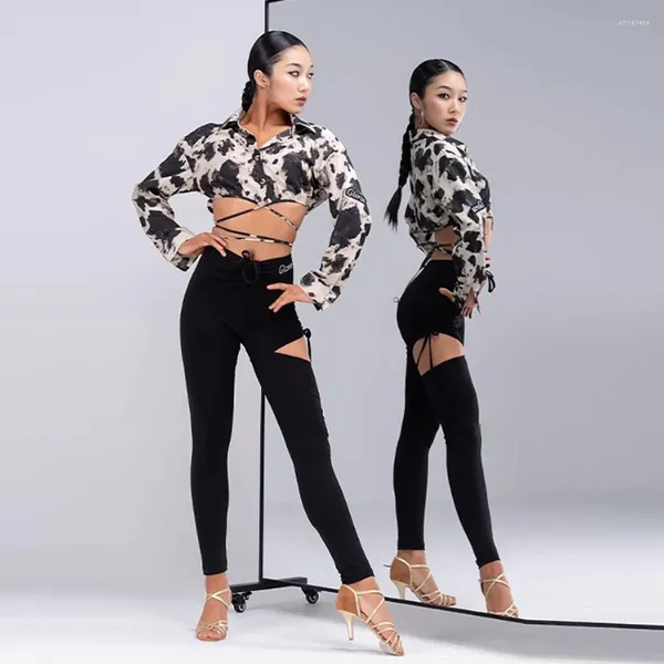 Abbigliamento da palco Top e pantaloni a righe a maniche lunghe Abito da ballo latino femminile per le donne Performance Cha Samba Rumba Abbigliamento NY02 CR408