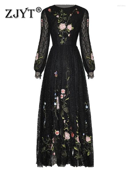 Vestidos casuais zjyt pista floral bordado maxi renda para mulheres preto elegante festa vestido de noite 2024 manga longa sexy vestidos fiesta