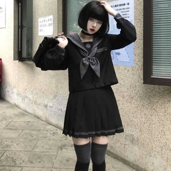 Conjuntos de roupas japonês e coreano uniformes de marinheiro ortodoxo jk escuro menina ruim roupas médias outono inverno roupas escolares femininas