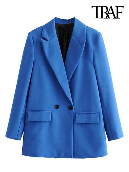 Traf Women Chic Office Lady Double Breasted Blazer Vintage Coat Moda Çentik Yaka Uzun Kollu Bayan Dış Giyim Şık Tops 240122