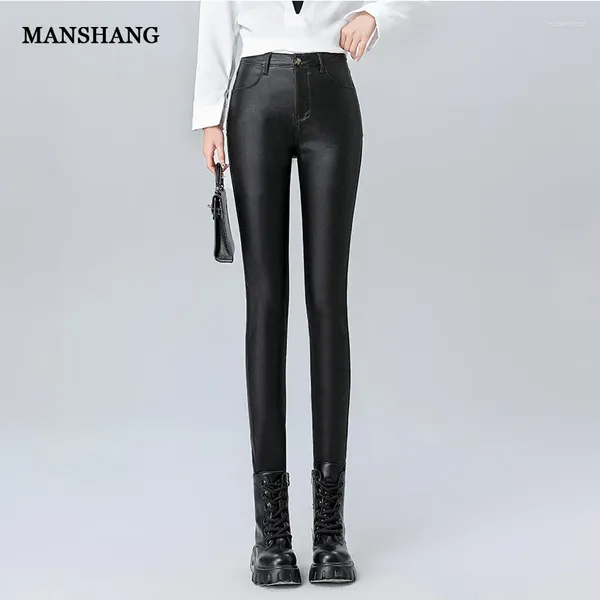 Damenhose Winter Leder Schwarz Slim Hohe Taille Klassische Hose Bleistift Eng Pu Faux Für Frauen 2024