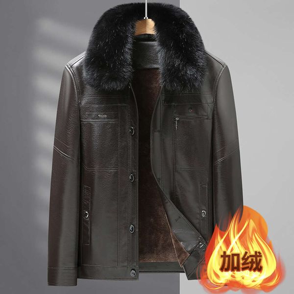 Зимняя кожаная куртка для папы с плюшем и утолщенным дизайнерским мужским пальто среднего возраста для пожилых людей, теплый дедушка S6JU
