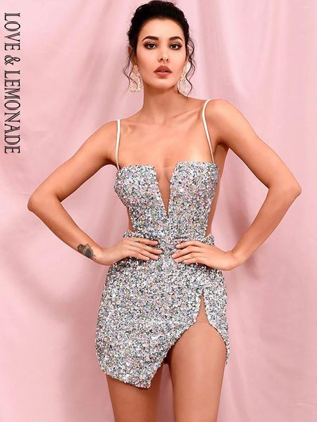 Lässige Kleider LOVE LIMONADE Sexy Tube Top Silber Ausschnitt Stretch Pailletten Figurbetontes Party Minikleid LM82289