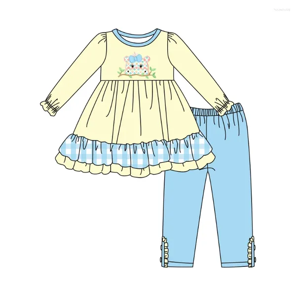 Conjuntos de roupas Outono Meninas Roupas Amarelo Manga Longa Saia e Calças Azul Arco Hippo Bordado Padrão Girl Outfits