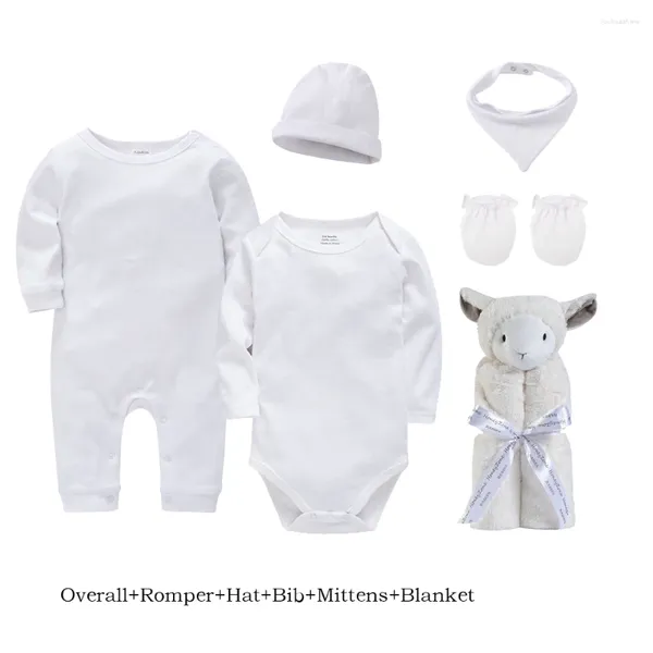 Kleidungssets 6 Stück Set Baby Jungen Baumwolle Weiß Blank Musselin Overall Strampler Hut Lätzchen Fäustlinge Decke Mädchen Kleidung Geschenk