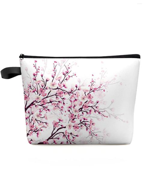 Sacos cosméticos flor de cerejeira ramo de ameixa flor rosa branco saco personalizado portátil bolsa de armazenamento de maquiagem feminina caso de lápis à prova dwaterproof água