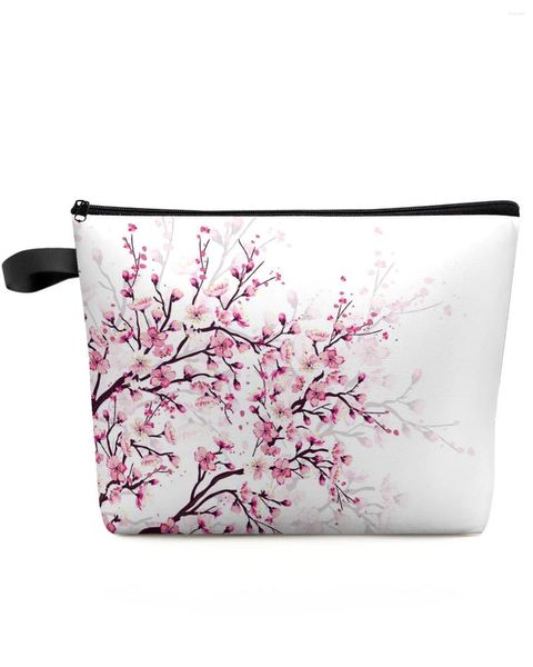 Borse per cosmetici Fiore di ciliegio Ramo di prugna Fiore rosa Borsa personalizzata bianca Custodia per trucco portatile Astuccio impermeabile per donna