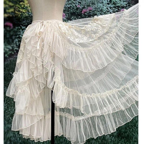 Saias Doce Lolita Estilo Dupla Camada Renda Assimétrica Ruffled Mulheres Verão Malha Bonito Cortina Sheer Cover Up Fina Saia Longa