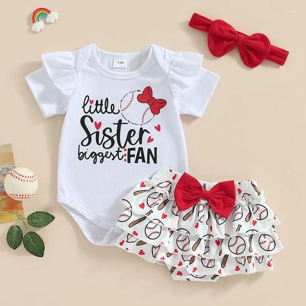 Set di abbigliamento 3 pezzi Completi da baseball estivi per bambina Pagliaccetto a maniche corte Pantaloncini con volant Set di fasce per bambini carini