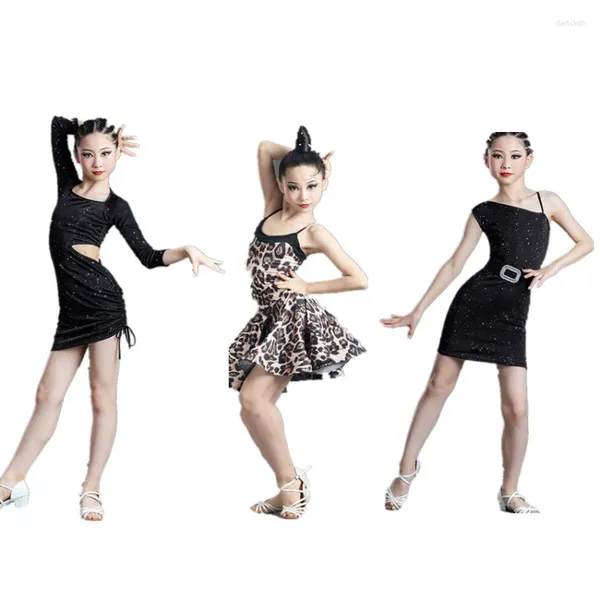 Сценическая одежда Костюмы для латинских танцев для девочек Тонкое платье Юбки для танцоров Облегающее платье с леопардовым принтом и блестками Конкурсная юбка на подтяжках