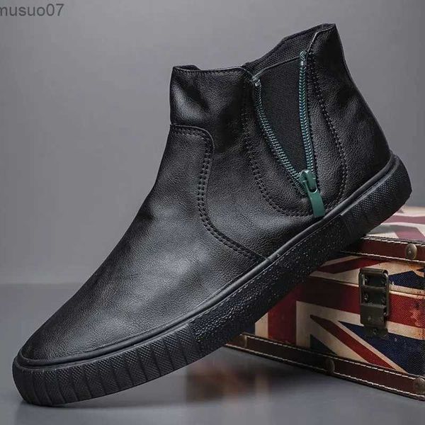 Botas sapatos de couro de sola macia masculino casual respirável alta superior sapatos de placa edição coreana versátil anti-deslizamento martin botas masculinas