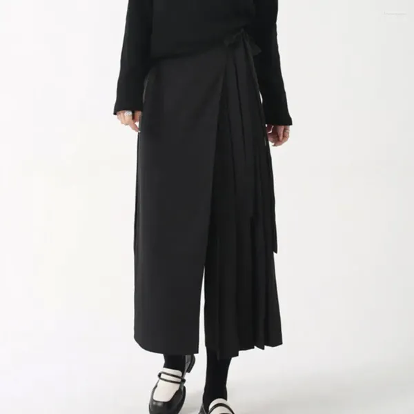 Damenhose, schwarz, plissiert, weites Bein, Culottes für Damen, High-Street-Stil, mittellange Wadenlänge, unregelmäßige Hose mit lockerer Passform