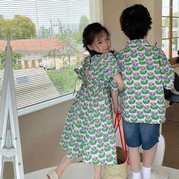 Kleidungssets Kinder Sommermode Blumengeschwister Baumwolle Jungen Kurzarmhemden Mädchen Rücken Schnürkleid 2 bis 11 Jahre alt