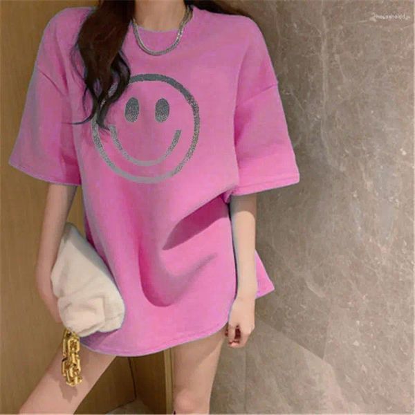 Camisetas femininas para mulheres verão diamante luxo designer roupas de algodão de manga curta tops coreano comprimento médio oversized tshirt