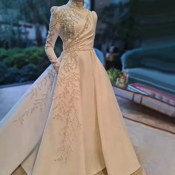 Elegante vestido de casamento muçulmano para mulheres applique alta pescoço bordado contas a linha cetim birde vestidos formais vestido de novia robe de mariage