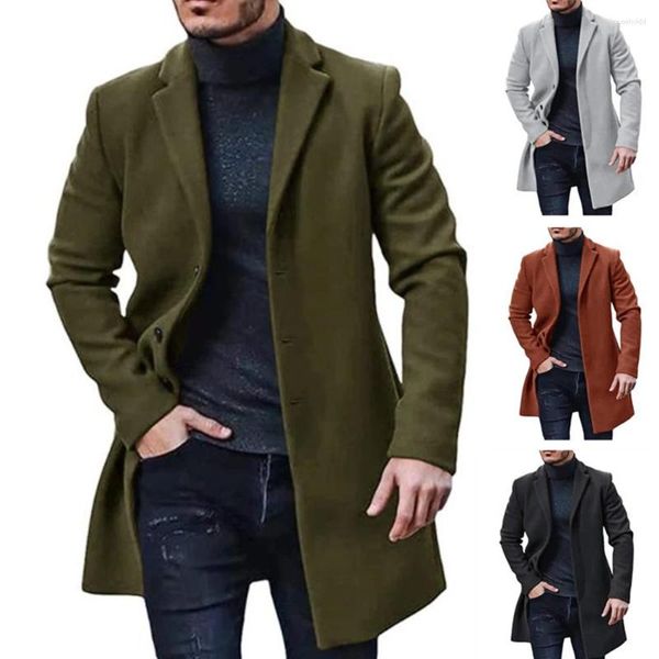 Männer Graben Mäntel 2024 Herbst Winter Lange-ärmel Revers einreiher Jacke Woolen Feste Taste Casual Lose Männer einfache Jacken