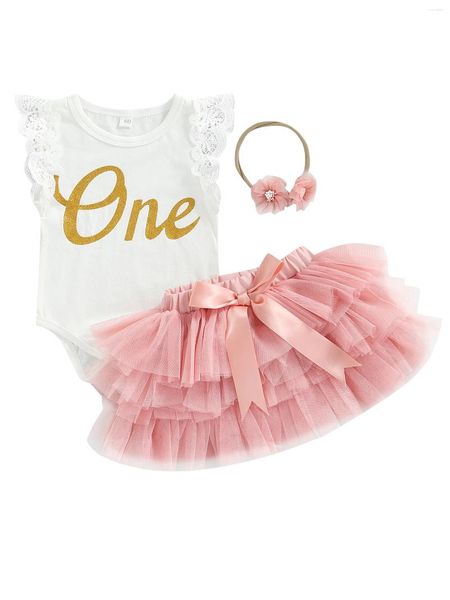 Conjuntos de roupas pcunitly bebê menina 1º aniversário roupa nascido laço manga macacão tule tutu vestido headband 3pcs bolo de verão esmagar roupas