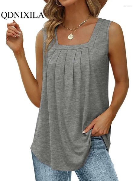 Damen Tanks Tank Top Sommer 2024 Stil locker lässig elegant solide plissiert quadratischer Ausschnitt ärmelloses Schwalbenschwanz-T-Shirt