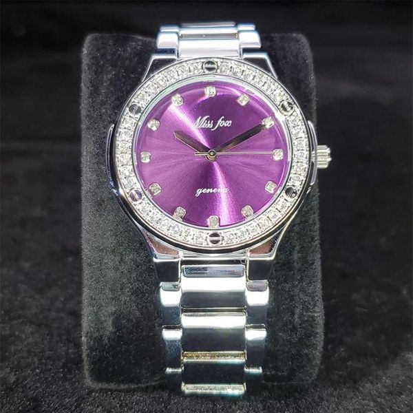 Relógios de pulso Missfox Platinum Purple Dial Ladies Watch Travel Party Pograph Relógios Mulher Presente Aço Inoxidável À Prova D 'Água Mulheres Wr296v