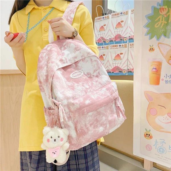 Sacos escolares simples tingimento mulheres mochila kawaii lona saco de livro estudante pacote menina moda casual viagem ao ar livre feminino