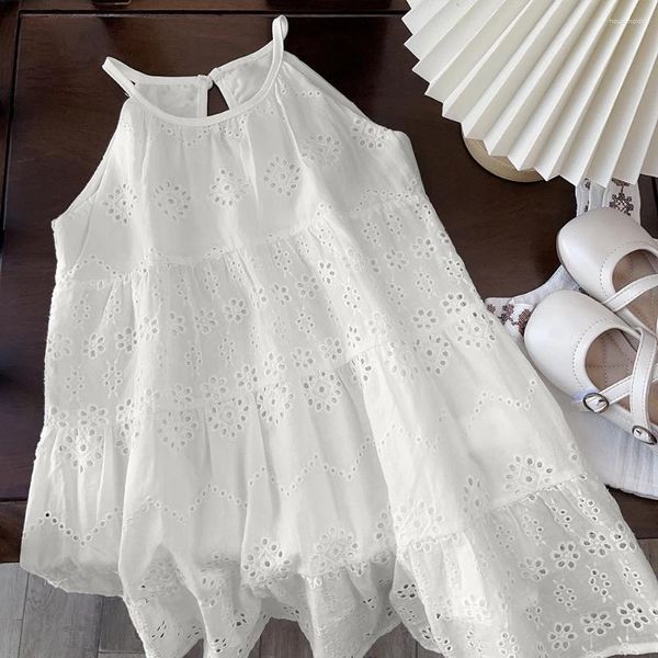 Vestidos de menina verão criança vestido sem mangas algodão crianças roupas casuais branco sólido deslizamento oco moda meninas roupas