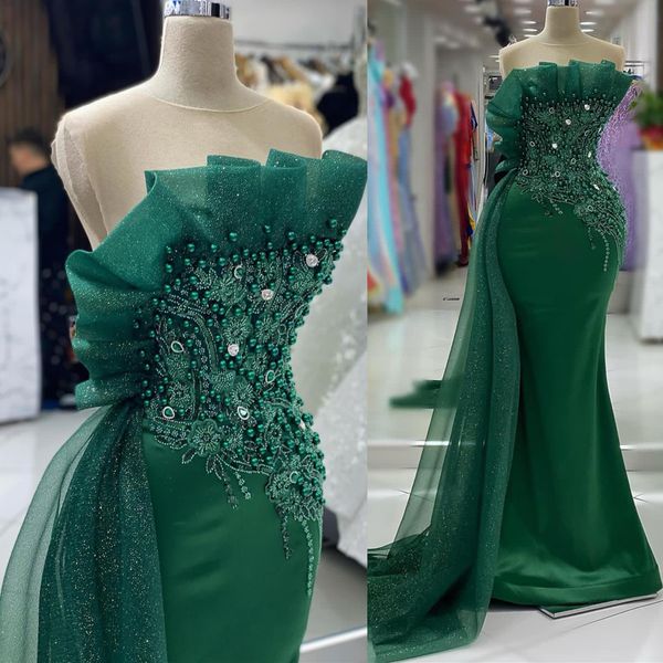 2024 ASO EBI Green Meerjungfrau Abschlussball Kleid Perlen Kristalle Satin Abend formelle Party Zweiter Empfangsgeburtstag Verlobungskleider Kleider Robe de Soiree ZJ82