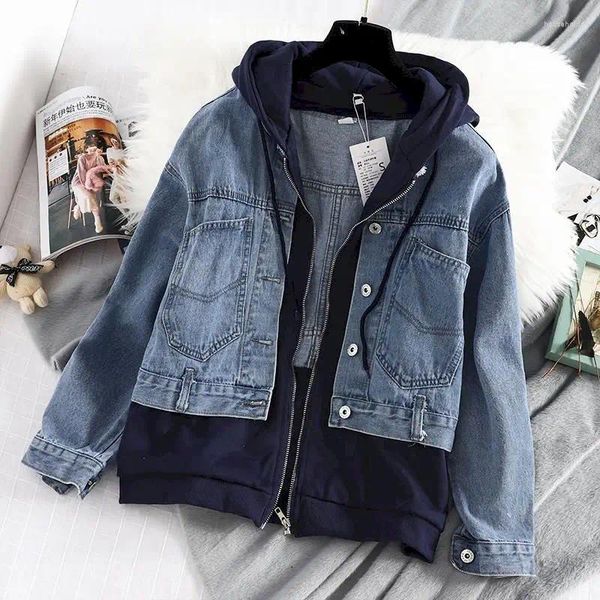 Hoodies femininos retalhos falsos de duas peças mulheres primavera outono tendência com capuz jaqueta jeans moda rua frita solta zip up cardigan hoodie