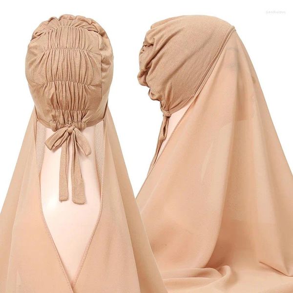 Abbigliamento etnico Sciarpa Hijab in chiffon istantaneo con cappuccio interno elastico Copricollo attaccato Turbante Sottoscocca Cofano per le donne Copricapo musulmano