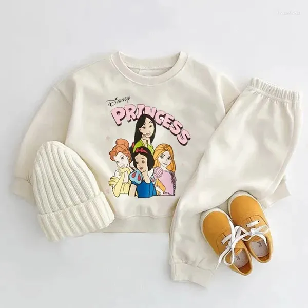 Conjuntos de roupas Dsiney Princesa Bebê Menina Sports Terno Primavera / Outono Estilo Crianças Moletom Conjunto Gola Redonda Hoodies Sweatpants 2 Peça