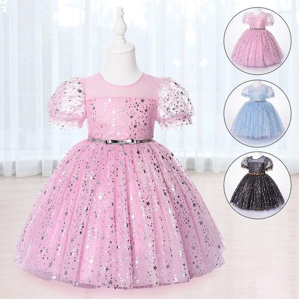 Mädchen Kleider Sommer 2024 Für Mädchen Kinder Baby Rüschen Spitze Pageant Party Hochzeit Pailletten Funkelnden Tüll Kleid Kurzarm Prinzessin