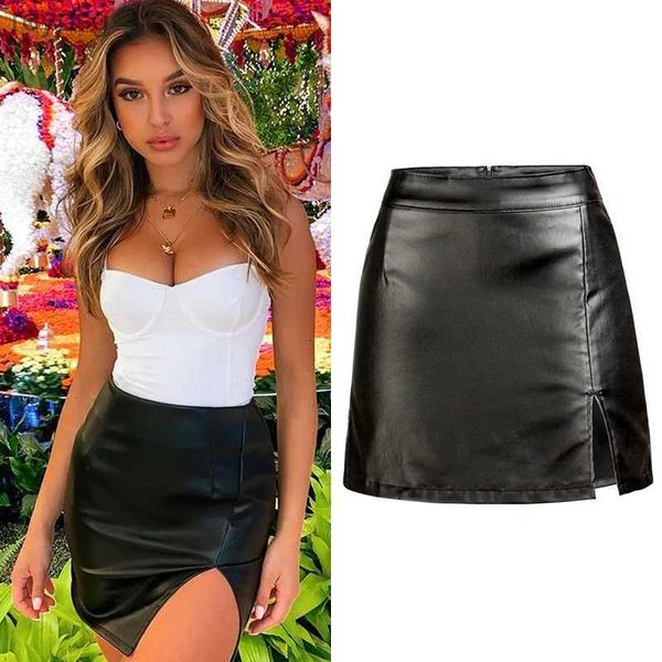 Saias Sexy Club Outfits Mulheres Faux PU Couro Saia Side Split Aberto Stretch Curto Mini Saias Bainha Feminino Clubwear Nightclub Preto YQ240201