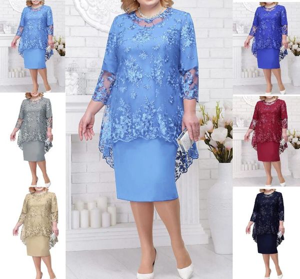 Vestidos casuais 2024 mulheres plus size vestido o-pescoço midi solto M-5XL senhora noite renda malha sexy elegante roupas femininas verão outono