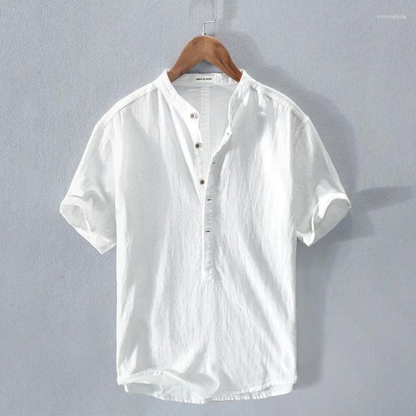 Camisas casuais masculinas de algodão linho camisa de manga curta 2024 verão gola de designer marca roupas qualidade topos para homem