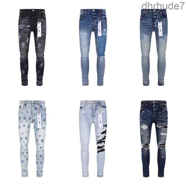 Lila Jeans für Herren, Designer-Endqualität, bestickt, gesteppt, Riss, Trendmarke, Vintage-Hose, faltbar, schmal, dünn, Fashion28-40 IE3S