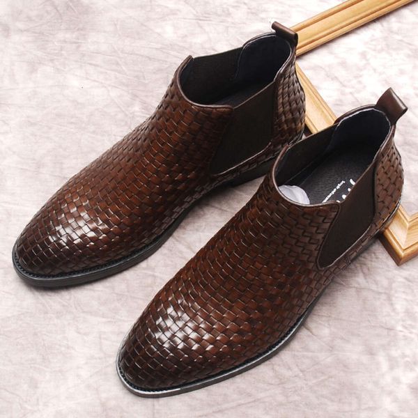 Moda couro genuíno masculino tornozelo preto marrom deslizamento no vestido de trança para botas formais italianas sapato masculino