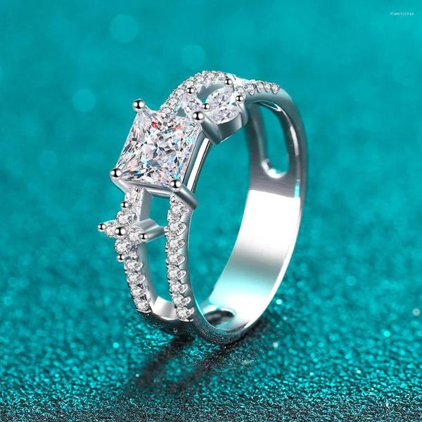 Anéis de cluster Drring 1ct Princesa Corte Moissanite Anel de Casamento para Mulheres Conjuntos de Noiva Branco Ouro Sólido Prata Banda Laboratório Diamante Luxo Jóias