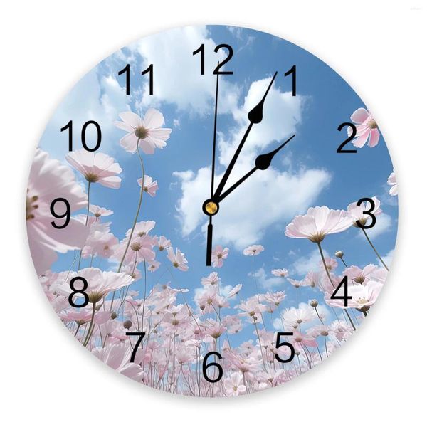 Relógios de parede Céu Nuvens Brancas Flor Botões Impressos Relógio Moderno Silencioso Sala de estar Decoração de Casa Relógio Pendurado