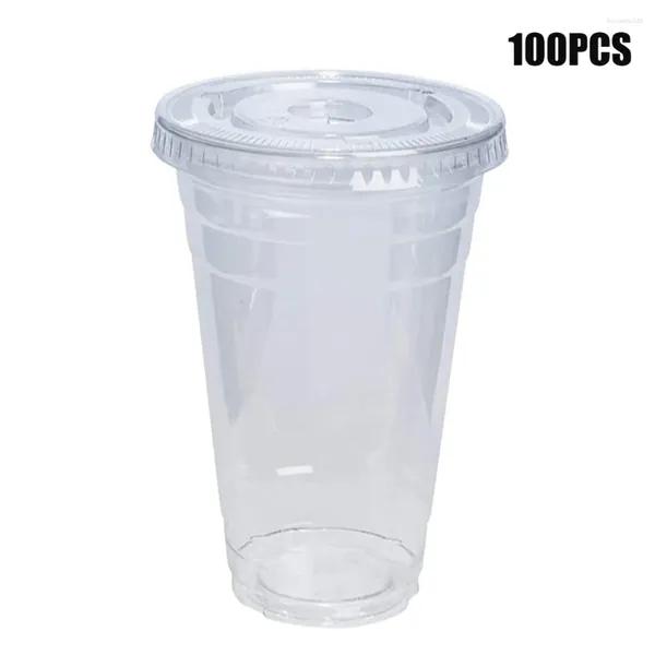 Copos descartáveis palhas 100 conjuntos copo com tampa de cúpula plástico gelado bebida fria café chá smoothie transparente antiderrapante casa acessórios portáteis