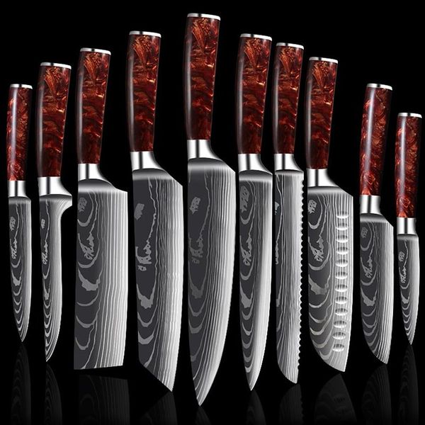 Chef lnife conjunto laser eamascus japonês talheres de cozinha acessórios profissional afiado cutelo bife santoku utilitário corte coo217r