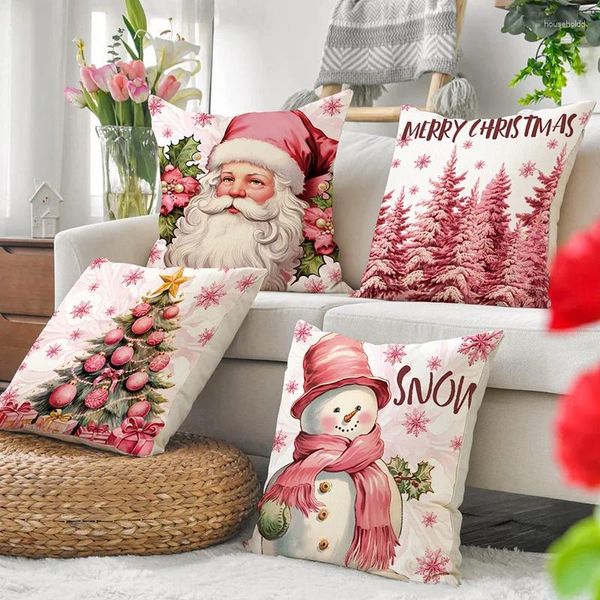 Yastık 45x45cm Noel yastık kılıfı Pembe Noel Baba Kardan Adam Xmas Ağacı Keten Yastık Dekor 2024 Ev Çekim Kapağı