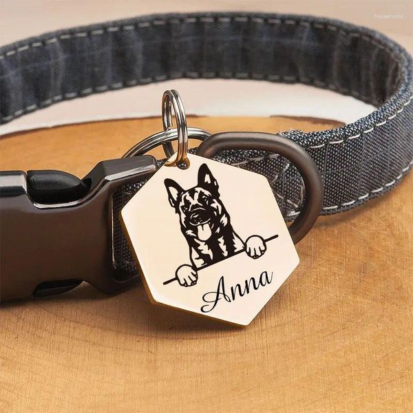 Etiqueta de cachorro com nome personalizado, identificação anti-perda, hexágono gravado, endereço de tel, gato, filhote de cachorro, impressão de pata personalizada, acessório de coleira para animais de estimação