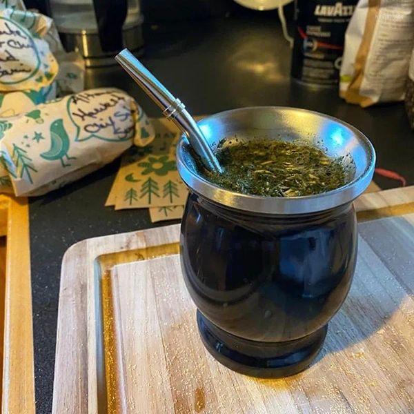 Kupalar Yerba Mate Cup 304 Paslanmaz Çift Duvar Taşınabilir Çay Kupası Arjantinli Kabak Saman Hunisi ve Temizlik Fırçası