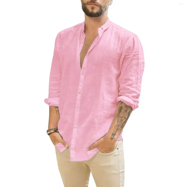 Camisas casuais masculinas blusa de linho de algodão camisa solta manga longa topos primavera outono cor sólida gola alta masculina 2024